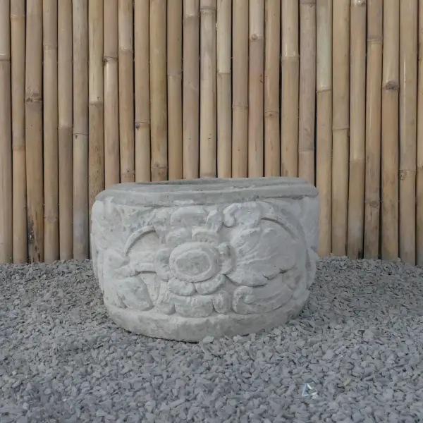 Product image 4 of the product “Balinese style flat round pot, with carving - 50cm Dia., 30 cm Height, Taro sand ”